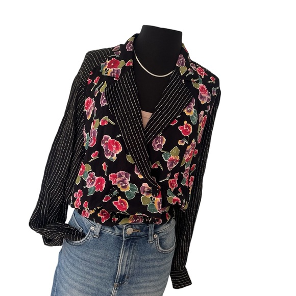 Vintage black floral striped blouse 6 - Picture 3 of 14